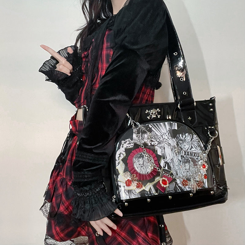 Punk Clear Doll Shoulder Bag Metal Skull Chain Lolita Totes Ita Crossbody Bag