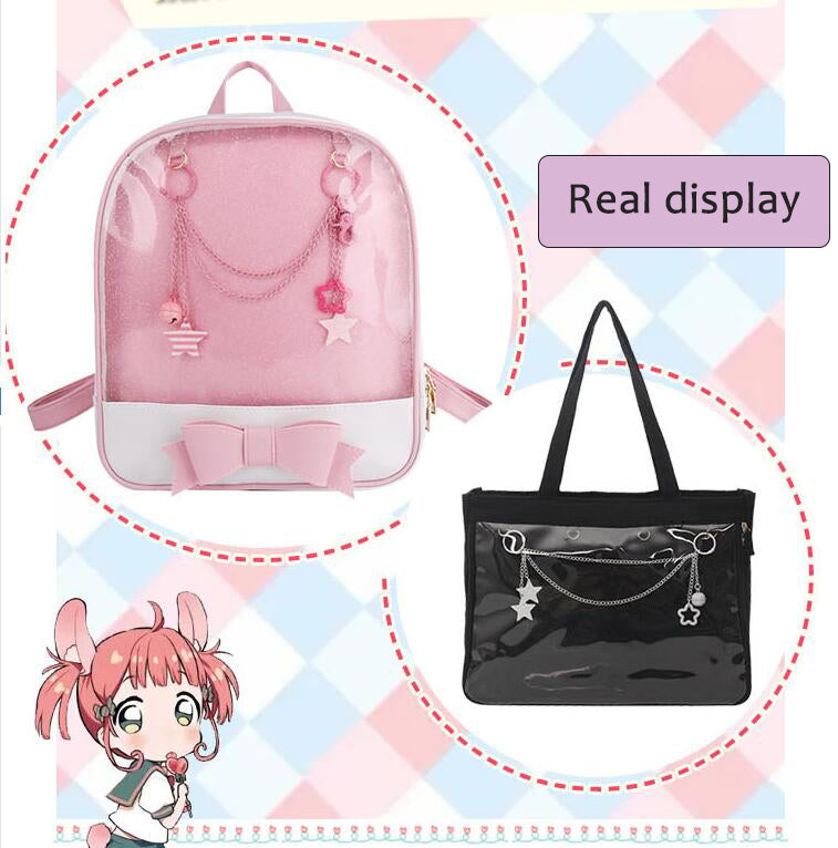 ita bag chain respectively in the pink backpack and black handbag above the real display
